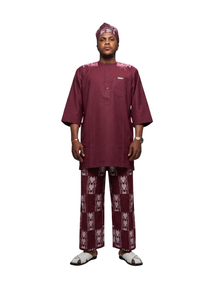 Prestige Wine Burgundy & Patterned Adire Kaftan Set