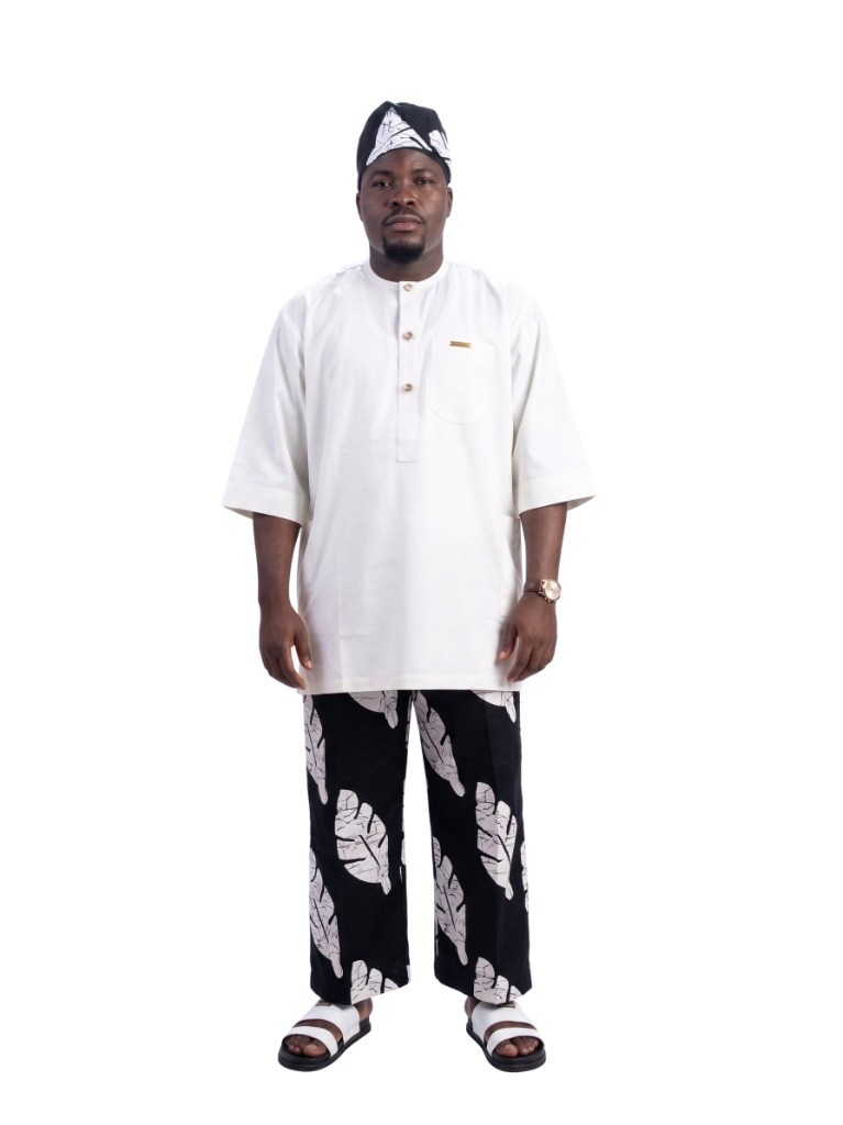Prestige Ivory & Black Leaf Adire Kaftan Set